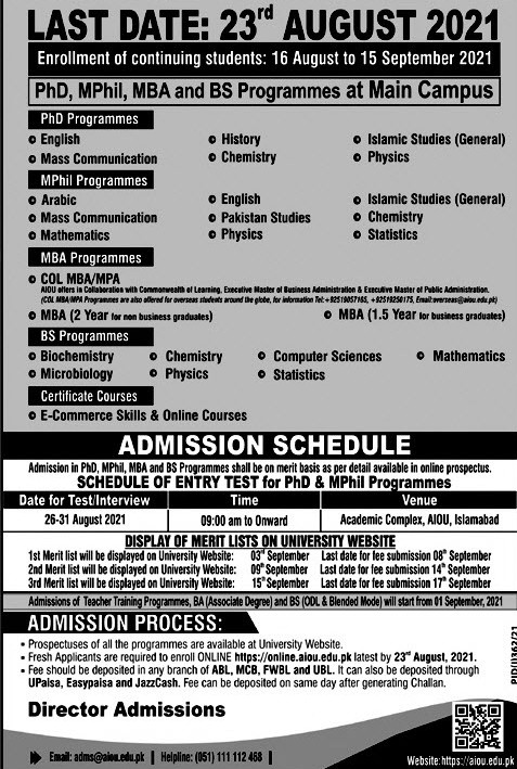 AIOU Islamabad BS Admissions 2021- Last date, Fee Structure
