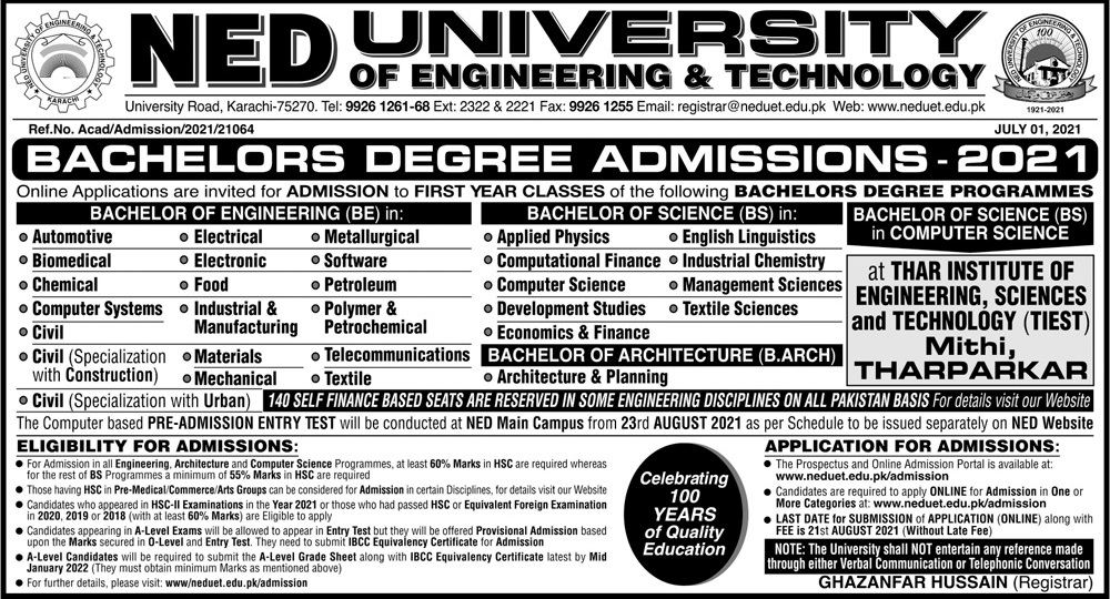 Ned University Of Engineering & Technology ( NEDUET), Karachi announced admission 2021 for BS Undergraduate Programs