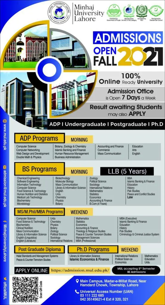 Minhaj University Lahore Fall Admissions 2021 for BS, ADP, MS, MPhil, Ph.D.