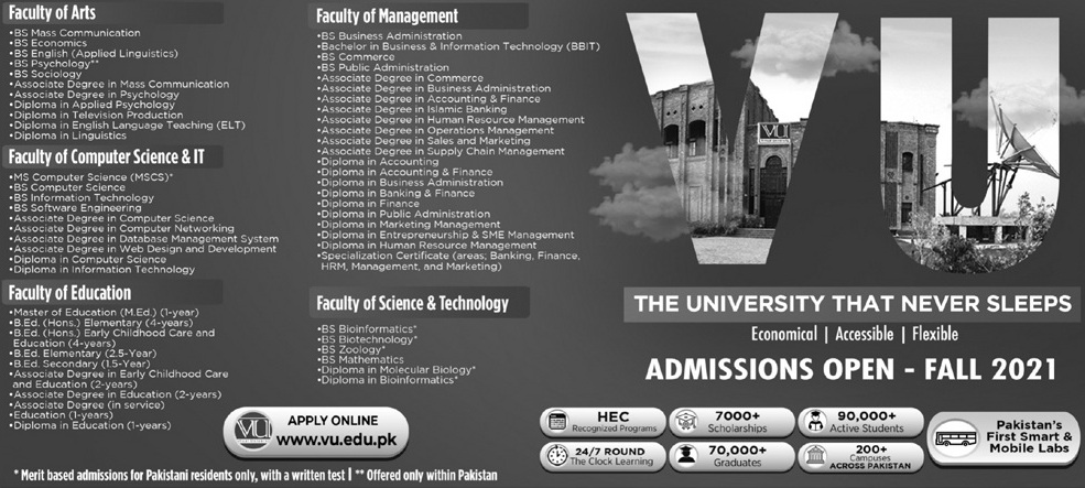 VU Lahore Fall Admissions 2021