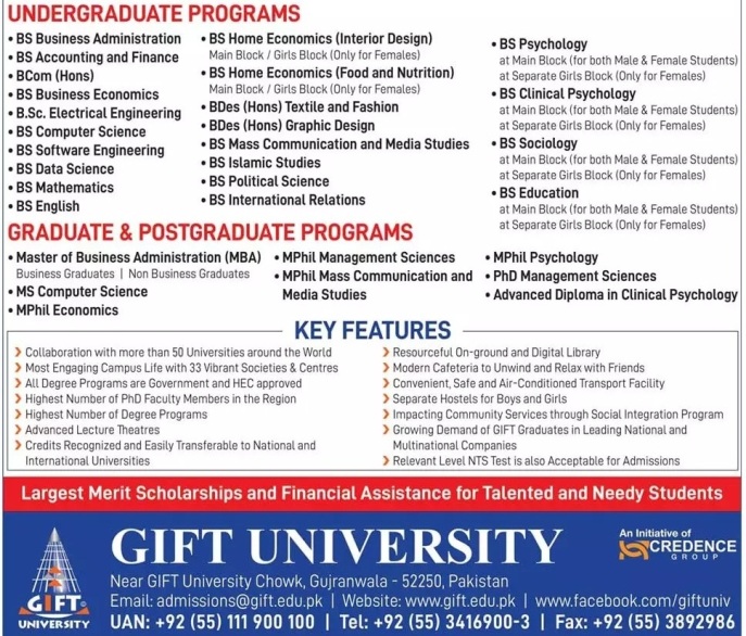 Gift University Gujranwala Fall Admissions 2021
