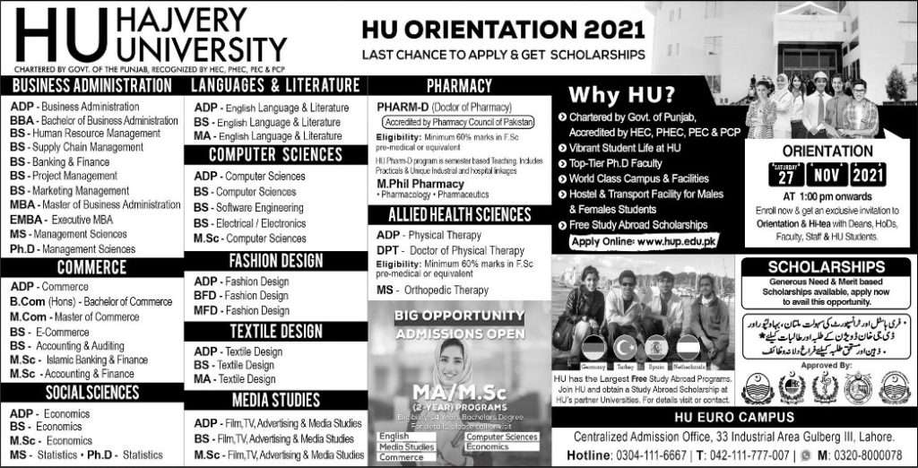 Hajvery University Lahore Admissions 2021