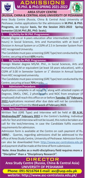 University of Peshawar Admissions 2022