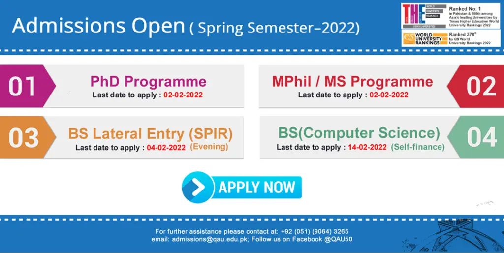 Quaid-e-Azam University Islamabad Admission Spring 2022