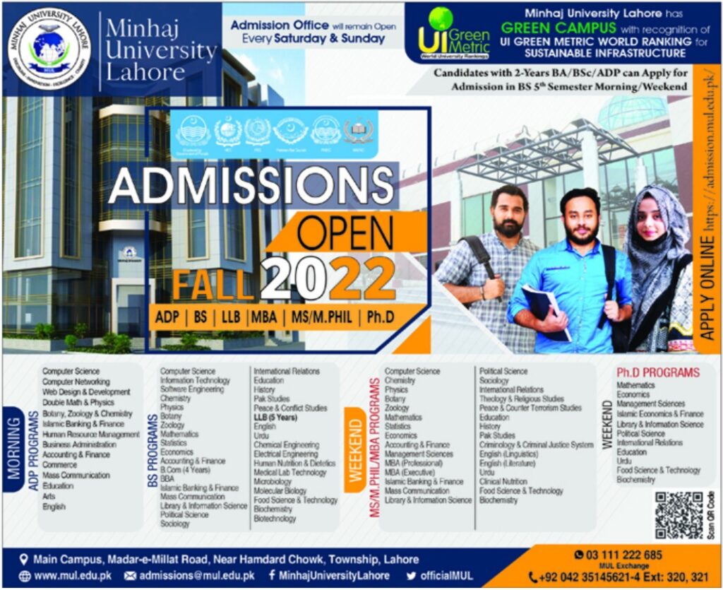 Minhaj University MU Lahore Fall Admissions