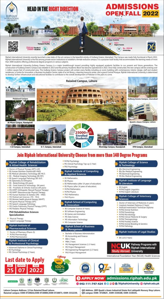 Riphah International University RIU Lahore Fall Admission 2022 For All Campus