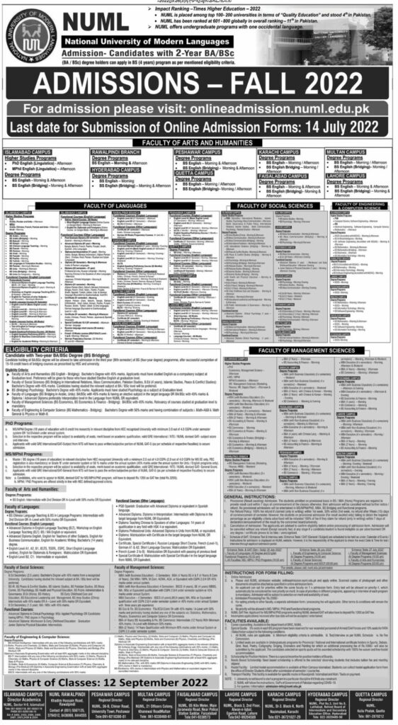 NUML University Peshawar Admission Fall