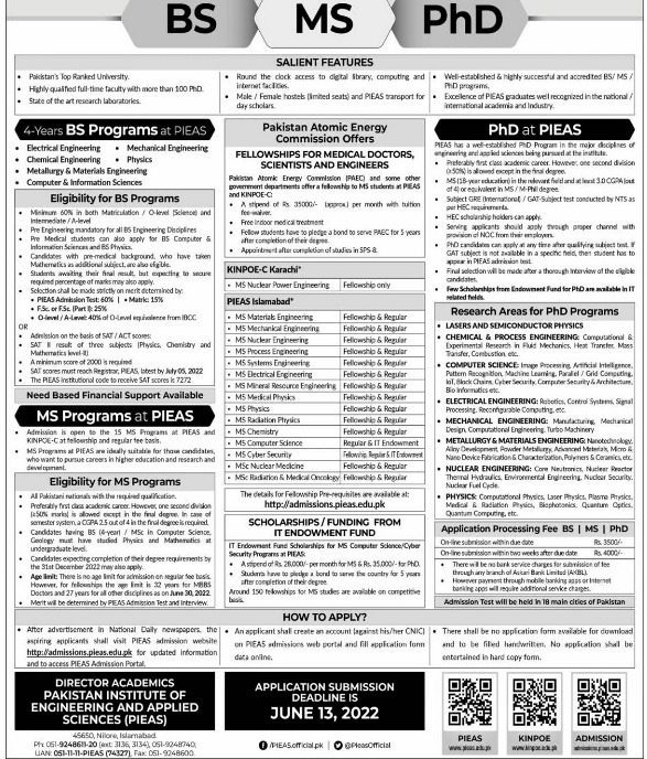 PIEAS Admissions 2022 for BS/MS/PhD | Last Date | Apply Online