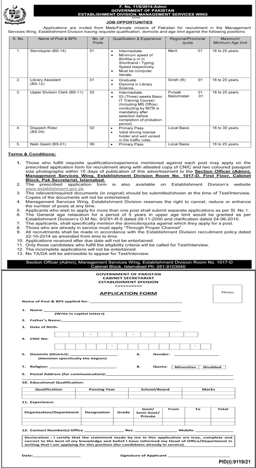 Federal Government Jobs 2022 at Establishment Division Management Service Wing Islamabad
