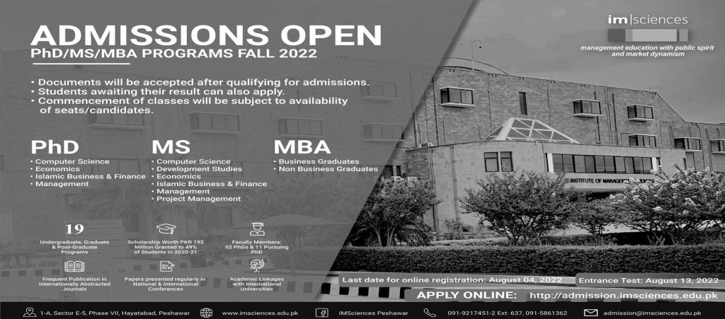 Institute Of Management Sciences IMS Peshawar Admissions 2022 for MS/MBA/PhD
