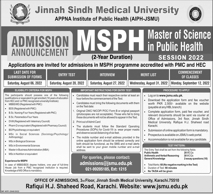 JSMU Karachi Admissions 2022 