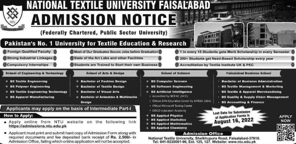 National Textile University NTU Faisalabad Admissions 