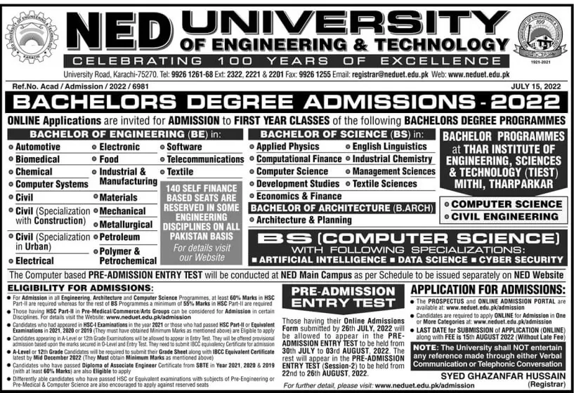 NED University of Engineering and Technology Karachi Admissions
