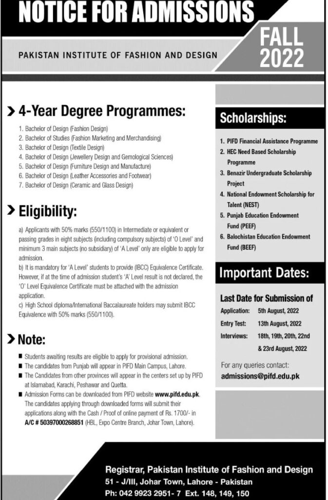 PIFD Lahore Admissions 2022 