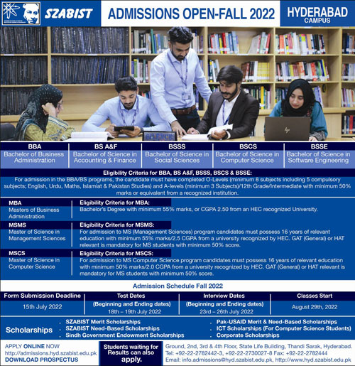 SZABIST Hyderabad Admissions 2022