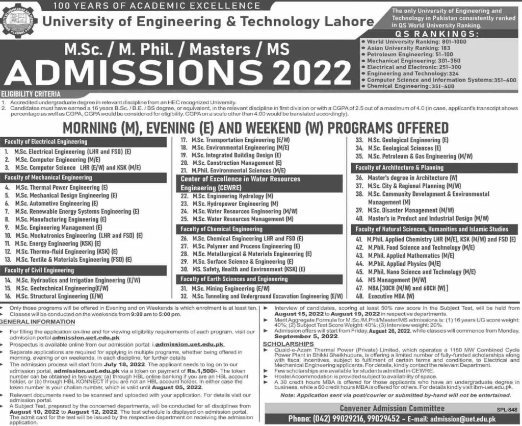 UET Faisalabad Admissions 2022