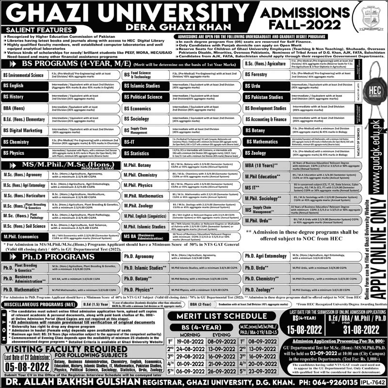 Ghazi University GU DG Khan Fall Admissions 