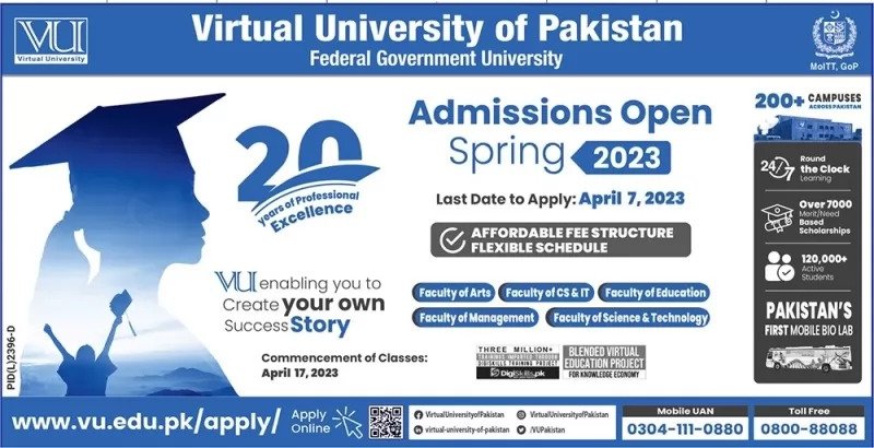 Virtual University Of Pakistan Admissions 2023