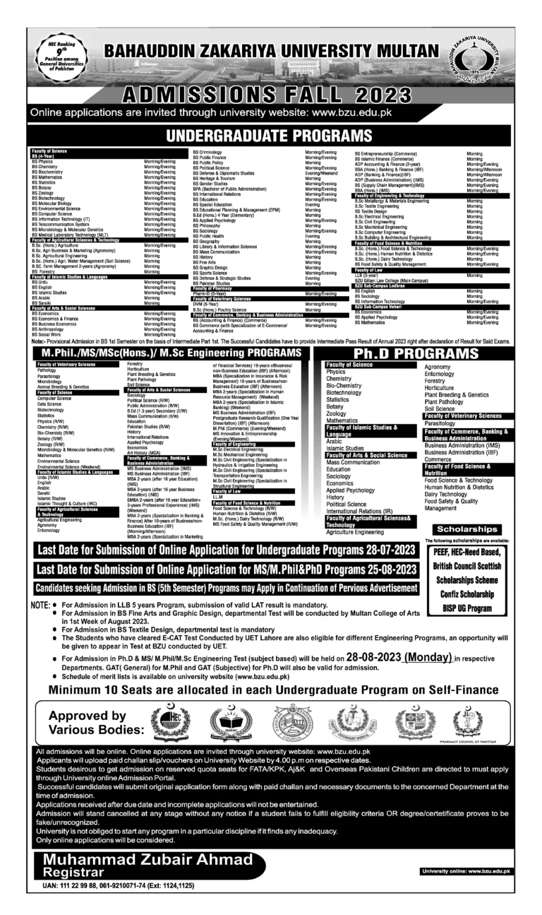 BZU Multan Admissions 2023 | Apply Online, Eligibility Criteria, Fee Structure