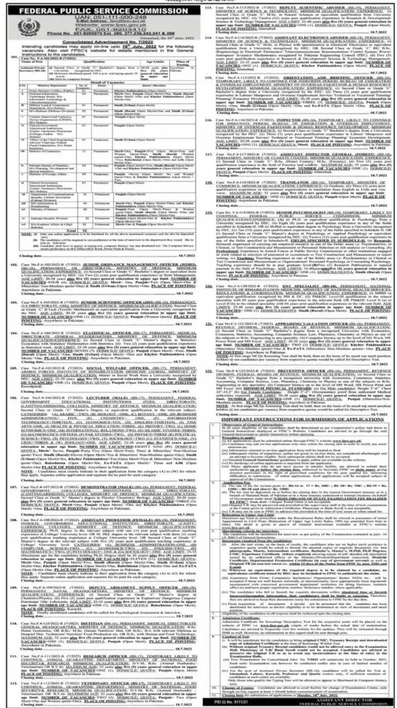 FPSC Jobs 2022 For Assistant Professor